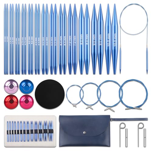 KoovDem Interchangeable Circular Knitting Needles Set - 13 Pairs | Premium Aluminum Knitting Needles & Accessories | Blue