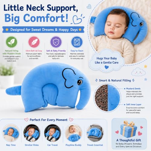 Image of VanityX Baby Neck Pillow for Newborn & Infant, Elephant Shape Mustard Seed Neck Support Pillow, Soft Plush Head Support Cushion for Stroller, Car Seat, Travel & Sleeping, Blue