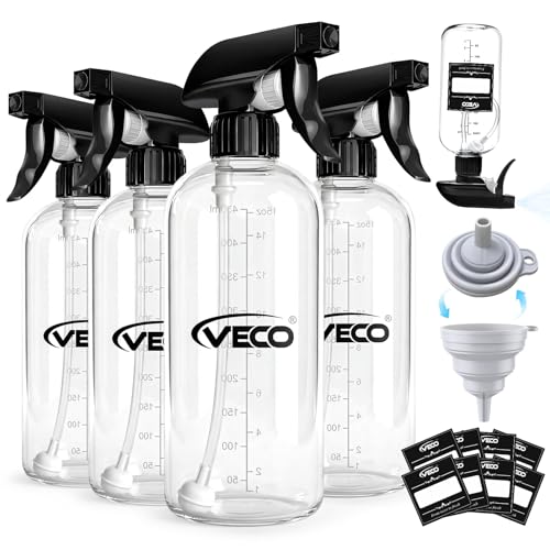 Veco 500Ml (17Oz) Graduated Spray Bottles, 4-Pack — 360° Any-Angle Spraying For Easy Dilution, Leak-Resistant Spray Bottles For Cleaning, Plants, Hair & Pet Use + Foldable Funnel