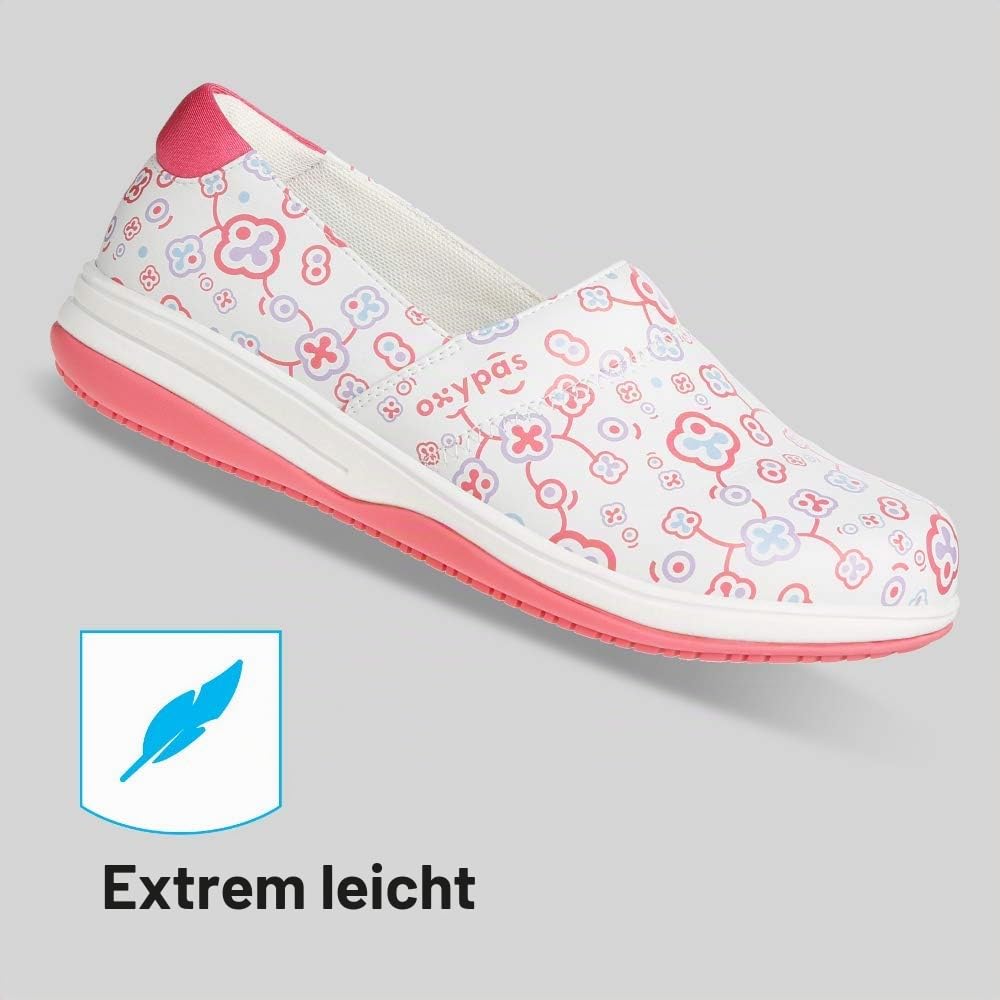 Oxypas Sicherheitsschuhe für Frauen - SUZY - Leichter und bequemer Arbeitsschuh, ideal für Krankenschwestern, Küche oder Innenbereich, rutschfest und stoßabsorbierend, Blümen, 37 EU