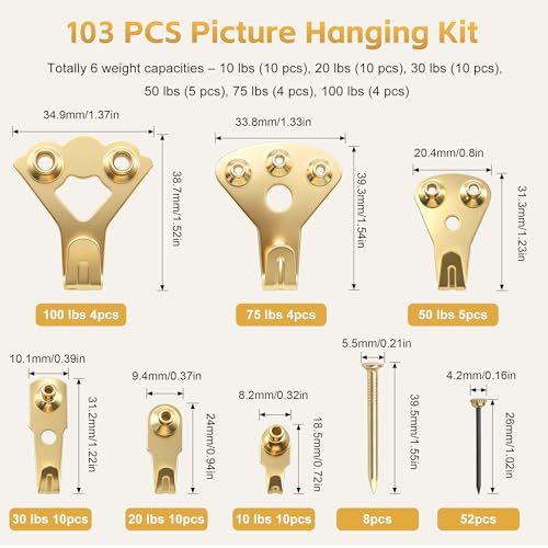 Image of 103PCS Picture Hanger Kit (10-100lbs) with Screws,Picture Frame Hooks Heavy Duty Picture Framing Supplies Kit for Picture Hanging -6 Models