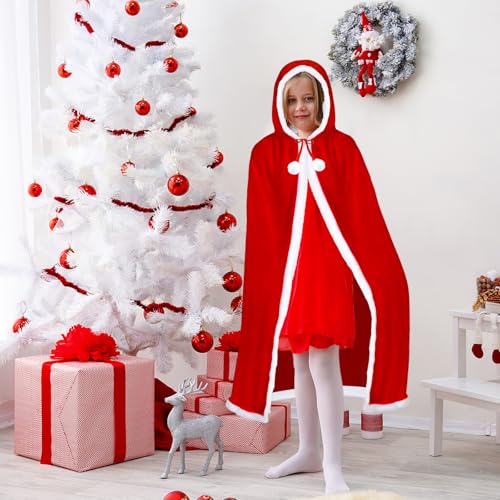 Weihnachtsmantel Cape Damen, Weihnachten Santa Umhang, Roter Umhang mit Kapuze, Rote Samt Weihnachtsmantel, Santa Claus Umhangs mit Kapuze, Weihnachtsoutfits für Kinder, Erwachsene (120cm)