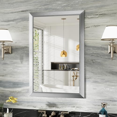 Image of 24x36 Inch Brushed Silver Bathroom Mirror for Wall, Thick Metal Framed Rectangle Mirrors for Over Sink, Bedroom, Living Room, Entryway, Anti-Rust, HD Tempered Glass