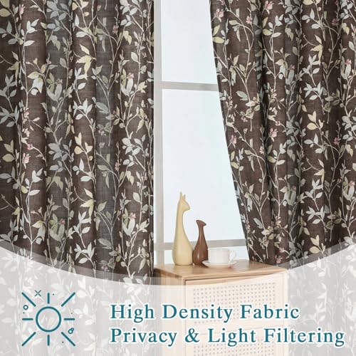 Image of Chyhomenyc Light Filtering 84 Inch Window Curtains - Linen Blend Floral Printed Curtains Drapes for Living Room, Soft Farmhouse Curtain for Bedroom, 52Wx84L Inch, 2 Panels, Chocolate