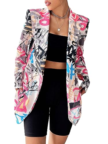 WDIRARA Women's All Over Printed Button Open Front Long Sleeve Lapel Neck Casual Blazer Jackets
