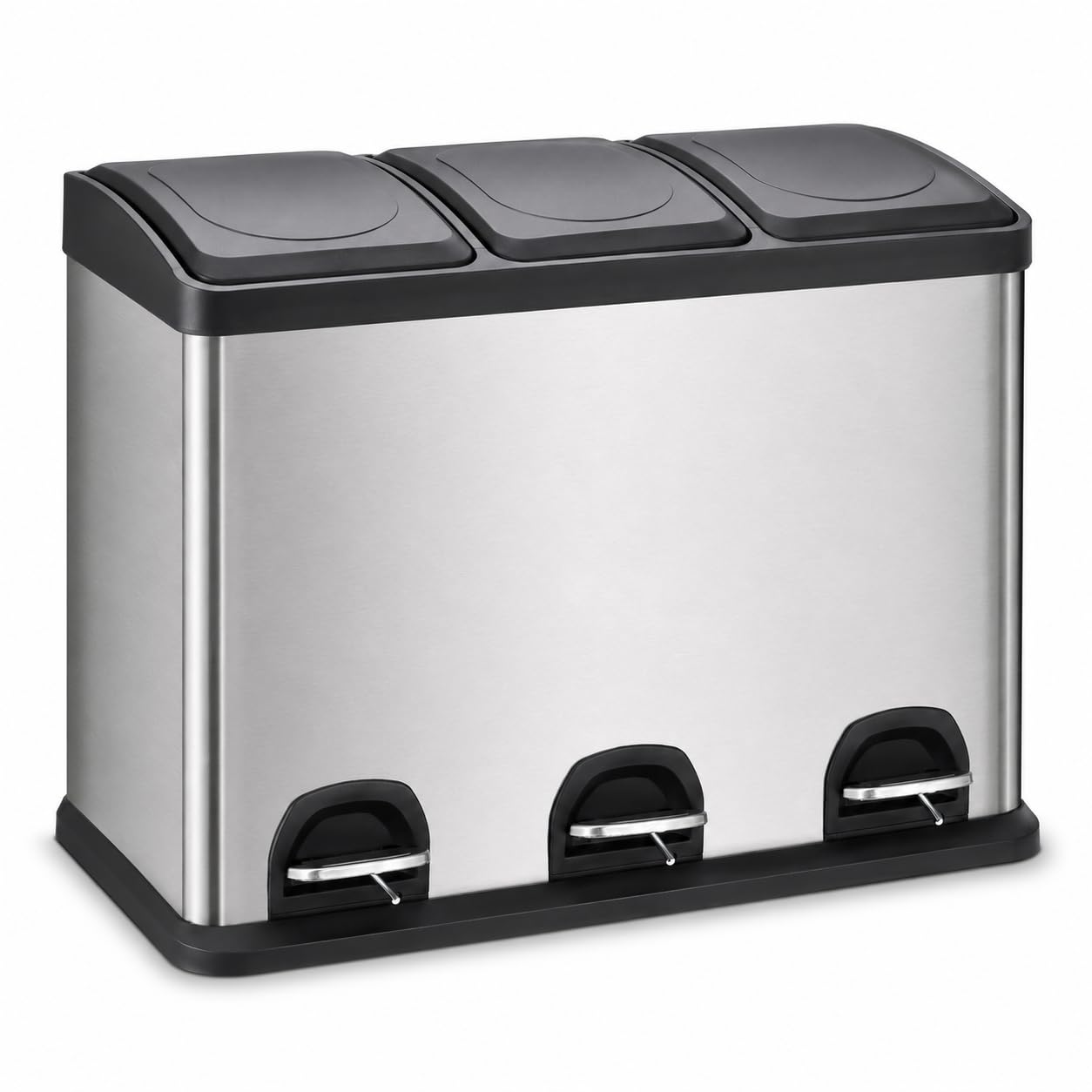 45L Triple Compartment Recycling Pedal Bin, Stainless Steel Waste Bin with 3 x 15L Removable Inner Buckets, Soft Close Lid, Hands Free Kitchen Rubbish Bin for Home (45L-Pedal-Bin-Stainless-Steel)