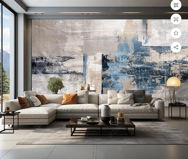 Papier peint mural salon pour masquer mur blanc derrière canapé