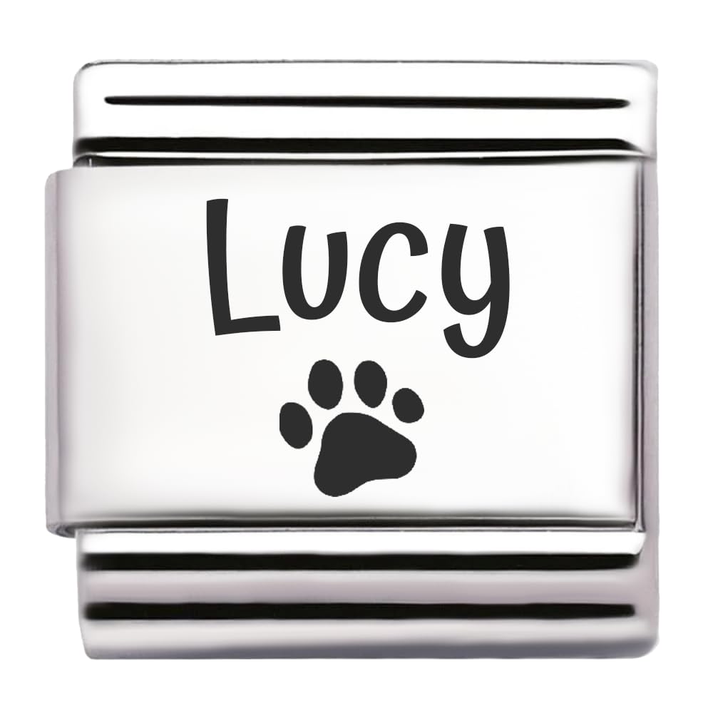Pet Paw Name Personalised Custom Engraved Italian Charm Fits All 9mm Bracelet Links. Dog or Cat (Lucy)