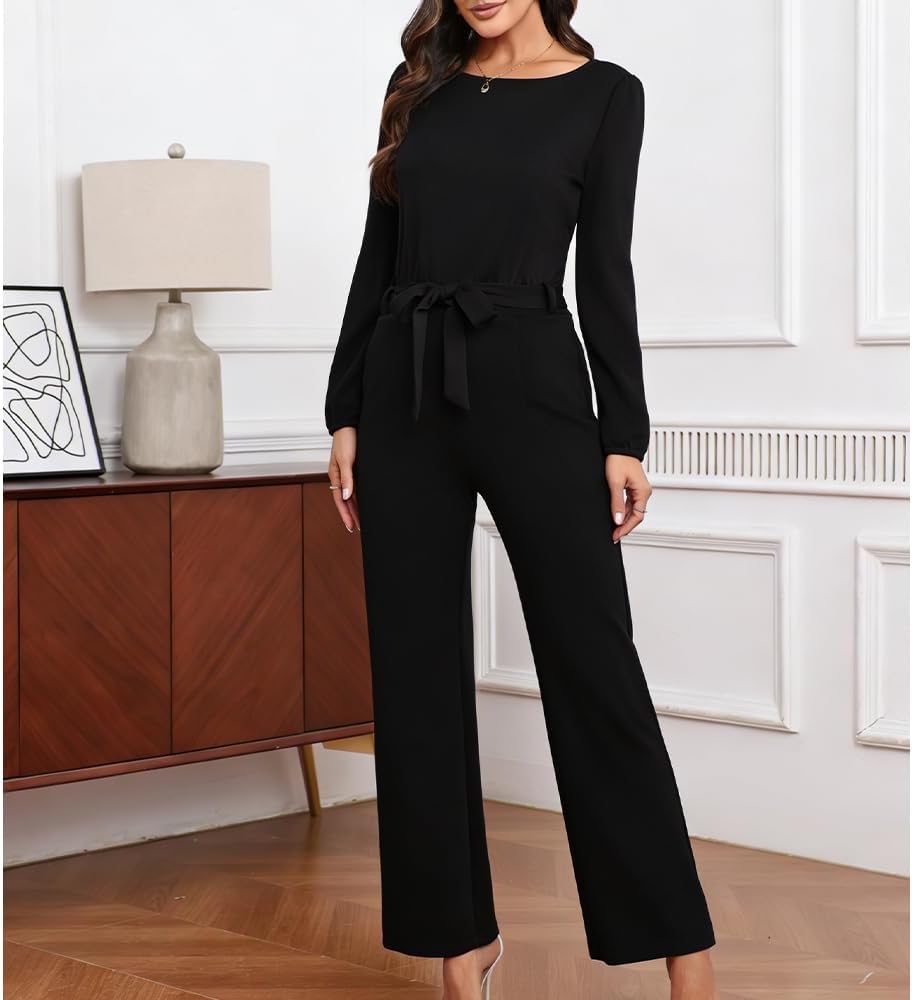 Women's Dressy Jumpsuit Fall One Piece Long Sleeve Belt Pockets Wide Leg Pants Romper Business Casual Outfits - Image 5