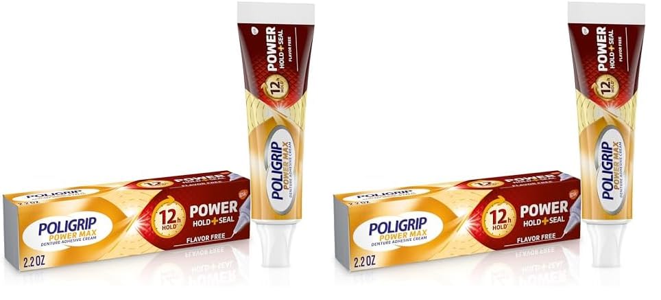 Super Poligrip Power Max Power Hold Plus Seal Denture Adhesive Cream, Denture Cream for Secure Hold and Food Seal, Flavor Free - 2.2 oz (Pack of 2)