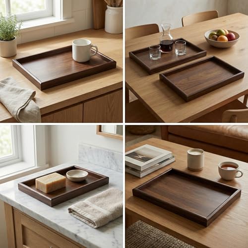 Deconox 2'li Ekonomik Ahşap Bambu Tepsi Seti - Çay Kahve Sunum ve Dekoratif Düzenleyici Tepsi (20x30 cm & 35x25 cm) - Doğal ve Kahve Renk Seçenekli (Kahve (Ceviz)) - Görsel 2