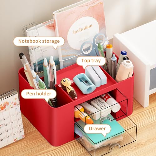 Image of Marbrasse Pen Organizer with 2 Drawer, Multi-Functional Pencil Holder for Desk, Desk Organizers and Accessories with 5 Compartments + Drawer for Office Art Supplies (Red)