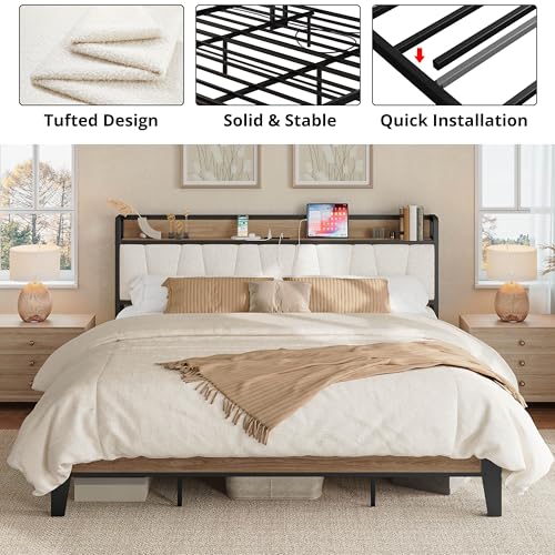 LIKIMIO King Bed Frames, Storage Headboard with Charging Station, Solid and Stable, Noise Free, No Box Spring Needed, Easy Assembly, Wood and Cream