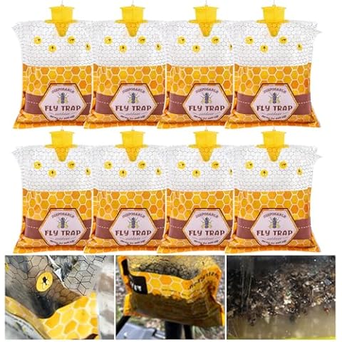 8 Big Fly Traps Outdoor Fly Trap Hanging, Wasp Trap Fly Bags Outdoor Disposable, Fly Bait Hunter Catcher Control Killer Repellent Outdoors, Ranch Fly Trap for Mosquito Bug Carpenter Bee Yellow Jacket Cover