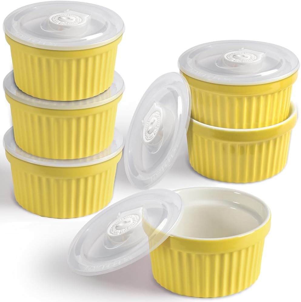 homEdge Porcelain Ramekins Set with Lid, 240 ml / 8 Fl Ounces Ice Cream Bowl, Creme Brûlée Ramekins Soufflé Cup for Baking, Set of 6 Yellow