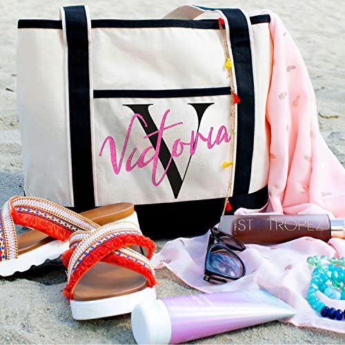 Personalized Initial Canvas Bags W/Name - 2 Bag Colors & 17 Vinyl Colors - Custom Shoulder Tote Bag Gifts - Customized Zippered Shopping Bag For Girls - Reusable Grocery Bags Woman Birthday Gift C1 #TOP2