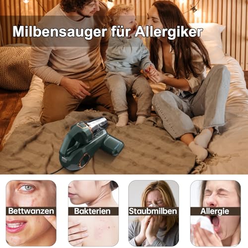 Dibea UV-Licht Matratzenstaubsauger Milbensauger Handstaubsauger 15Kpa 300W Leistungsstark 4,5m Kabel 400ML Matratzenreiniger Zyklonsystem Hepa-Filter Allergiker Bett Sofa (Grün)