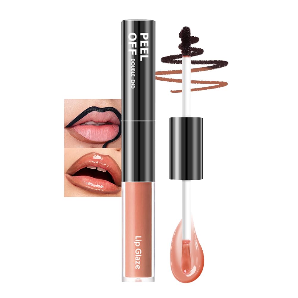 Peel Off Lip Liner & Gloss – Long-Lasting Smudge-Proof Caramel Nude Lip Tint & Lip Stain Liner with Hydrating High Shine Gloss for Defined, Fuller Nude Lips – Waterproof Soft Glam Lip Makeup
