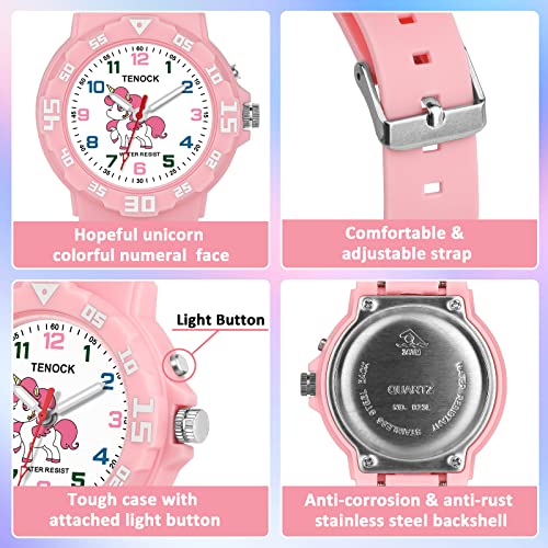 Tenock Analog Watch For Kids Unicorn Watch For Girls With Night Light Waterproof Time Teaching Soft Band Watches For Ages 4-10 Great Birthday Gift #TOP1