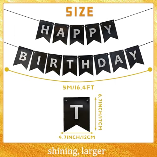 Image of Black Happy Birthday Banner,Pre-Strung Black and Silver Birthday Party Decorations,16ft Hanging Sign for Kids, Girls, Boys, Women - No DIY, Backdrop Supplies