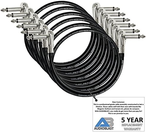 6 Units - 2 Foot - Audioblast HQ-1 - Ultra Flexible - Dual Shielded (100%) - Instrument Effects Pedal Patch Cable w/ ¼ inch (6.35mm) Low-Profile, R/A Pancake Type TS Connectors & Dual Staggered Boots