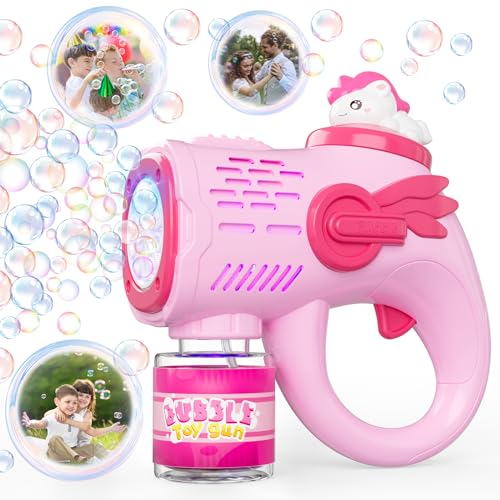 Einhorn Dinosaurier LED Seifenblasenmaschine Kinder Seifenblasenpistole + 200ml Seifenblasen Flüssigkeit, Seifenblasen Pistole Spielzeug ab 3 Jahre Geschenke für Kindergeburtstag Party Hochzeit (Rosa)