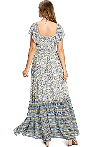 Flying Tomato Women's Bohemian Floral V- Neckline Maxi Dress (S, Ivory) #TOP2