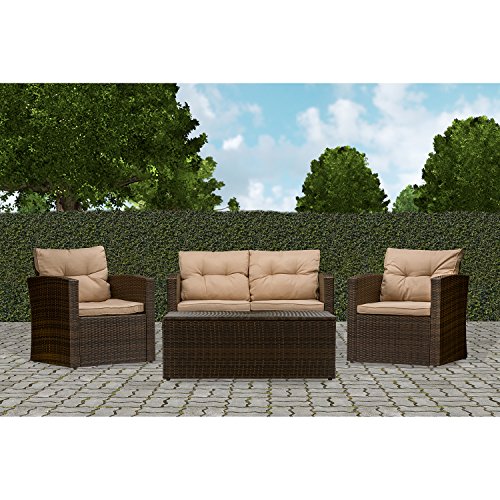 Baxton Studio Wholesale Interiors Imperia Modern And Contemporary Pe Rattan 4 Piece Outdoor Loveseat And Chairs Seating Cushions With Coffee Table Patio Set, Large, Beige #TOP5