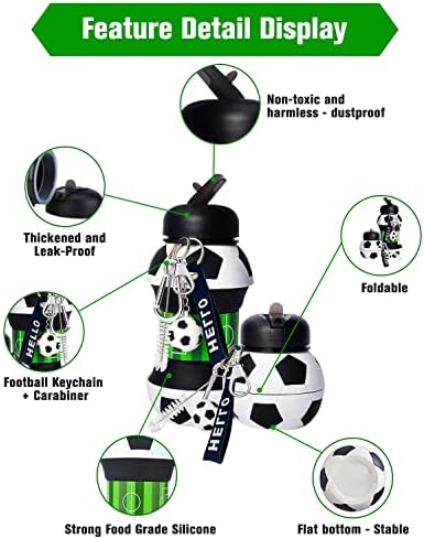 KALAHOL Football Water Bottle - 500ml Silicone Collapsible Football Drinks Bottle Football Gifts for Boys and Girls Leakproof Boys Water Bottle with Keyring/Carabiner Clip/Cleaning Brush - BPA Free