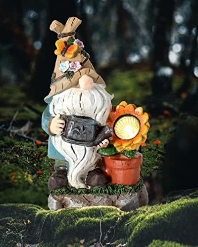iStatue Solar Powered Garden Gnomes - Resin Gnome Figurine Elf Watering Flowers with LED Lights - Outdoor Decor for Patio, Yard, Lawn, Porch, Balcony - Ornament & Housewarming Gift (10 Inch)