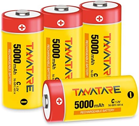 Tanatare Rechargeable C Batteries, 5000mAh Batteries, NiMH, 1.2V, Low Self Discharge, Pack of 4