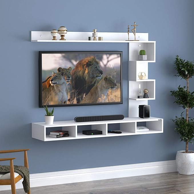 Image of Anikaa Kasey Engineered Wood TV Unit LED Light TV Cabinet Wall TV Stand for Living Room Home - (White) (Ideal for 55 Inch)(D.I.Y)