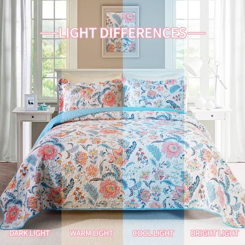 BEDIFANY Garden Cotton Filling Queen Size Quilt Set - Lightweight Bedspreads Queen Size (90 x 98 inch) with Colorful Floral Pattern - Farmhouse Queen Quilt Bedding Sets for Bed Coverlet, 3 Pieces