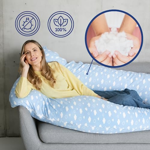 Cojín cómodo original – Almohada ortopédica premium | almohada corporal | almohada para dormir de lado – para un mejor sueño y contra las quejas de espalda, 100 x 150 cm (nubes – algodón)