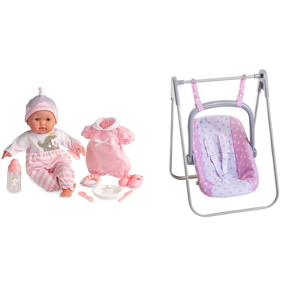 JC Toys Bundle of 15" Realistic Soft Body Baby Doll with Open/Close Eyes | 10 Piece Gift Set with Bottle, Rattle, Pacifier & Accessories | Pink | Ages 2+ | 2 in 1 Play Swing