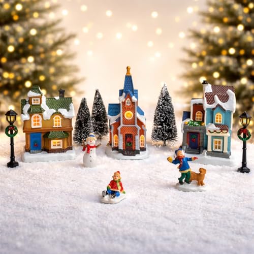 MOMENTS IN TIME Christmas Village Set 12-Piece with LED Lights Miniature Christmas Houses Lighted Holiday Décor for Tabletop Mantel Village Display Gift-Ready Packaging