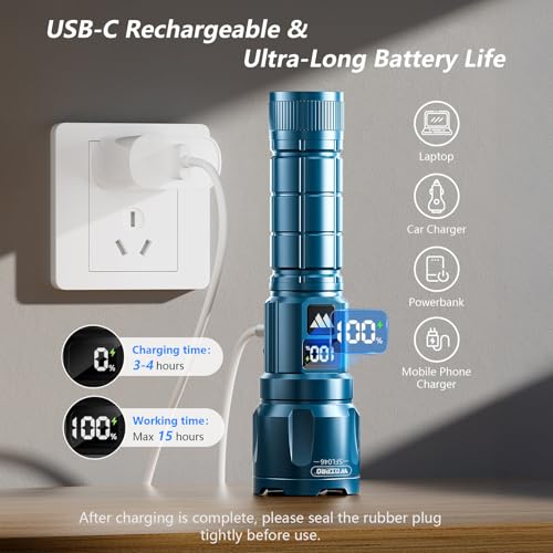 WdtPro LED Rechargeable Flashlight 2 Pack, 3 Modes Super Bright High Lumens Flashlights, Zoomable Tactical Flash Light with LCD Display, IP65 Waterproof Flashlights for Home Emergency Camping - Blue — view 4