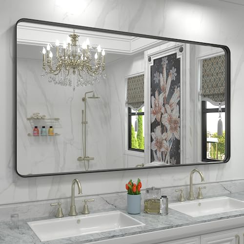 CHARMOR 60x36 Matte Black Bathroom Mirror, Modern Rectangle Metal Framed Mirrors for Wall, Rounded Corners, Shatter-Proof (Horizontal/Vertical)
