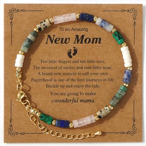 SHINUS BOHO Mama Natural Crystal Beaded Gold Link Bracelet for New Mom,Handmade Boho Healing Energy Stones Mom Bracelet Fashion Mother’s Day Jewelry Gift Friendship Mama