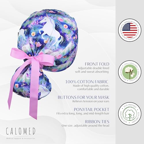 Image of Scrub Cap for Women and Men, Ponytail Scrub Caps, Working Hat, Head Cover with Ribbon Ties and Buttons, Long Hair