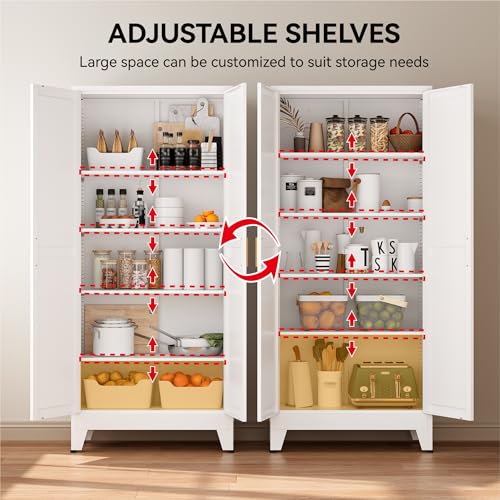 Image of COFaR 71 inch Metal Pantry Cabinet with 5 Adjustable Shelves, White Storage Cabinet with Doors, Sturdy Freestanding Cupboard for Kitchen Organization, Living Room & Bathroom