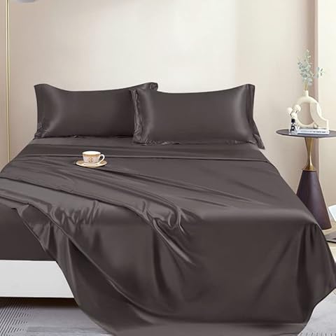 THXSILK Silk Sheet Set 4 Pcs, 22 Momme 100% Top Grade Natural Mulberry Silk Bed Sheets, Luxury Bedding Sets -Ultra Soft Durable, 1 Fitted Sheet, 1 Flat Sheet and 2 Pillow Shams (Cal. King, Charcoal) Cover
