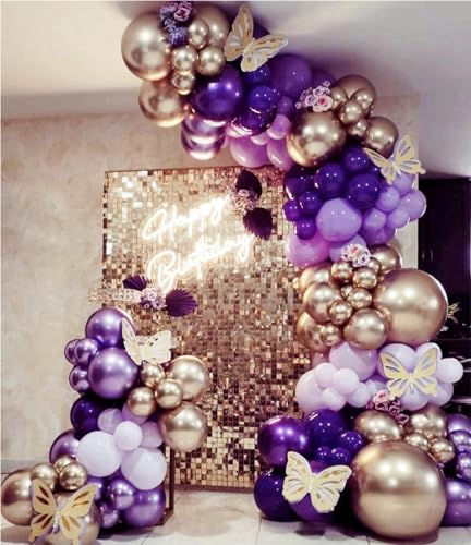 Image of MEBAY Grey Violet Maca Purple Gold Balloons Garland Arch Kit, 146Pcs Latex Balloons Different Sizes 18 12 10 5 Inch for Party Decoration Birthday Wedding Engagements Anniversary Baby Shower