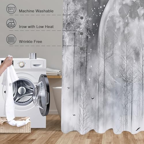 Rideau de douche 180x180 cm lune forêt gris dégradé en polyester imperméable - 7