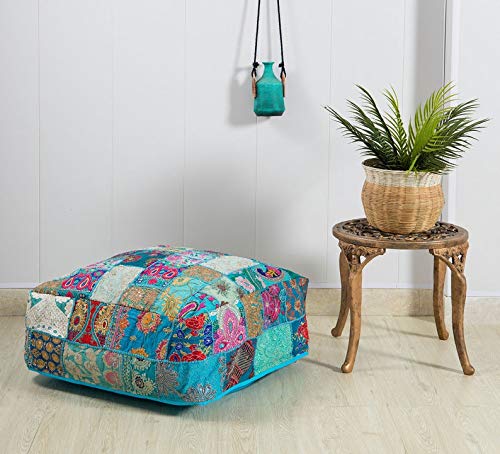 Pouf indien patchwork turquoise grand coussin de sol fait main