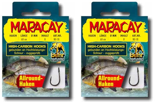 Set: 2 Packungen Behr Maracay gebundene Allroundhaken Angelhaken (16 Stück) 60cm Hakengröße 6 8 10 12 je nach Auswahl + gratis Petri Heill! Aufkleber (Hakengröße 8)