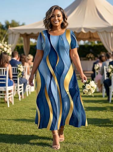 Image of SUZONANA Plus Size Maxi Dress for Curvy Women Summer Casual Sundress Short Sleeve Loose Vacation Dress