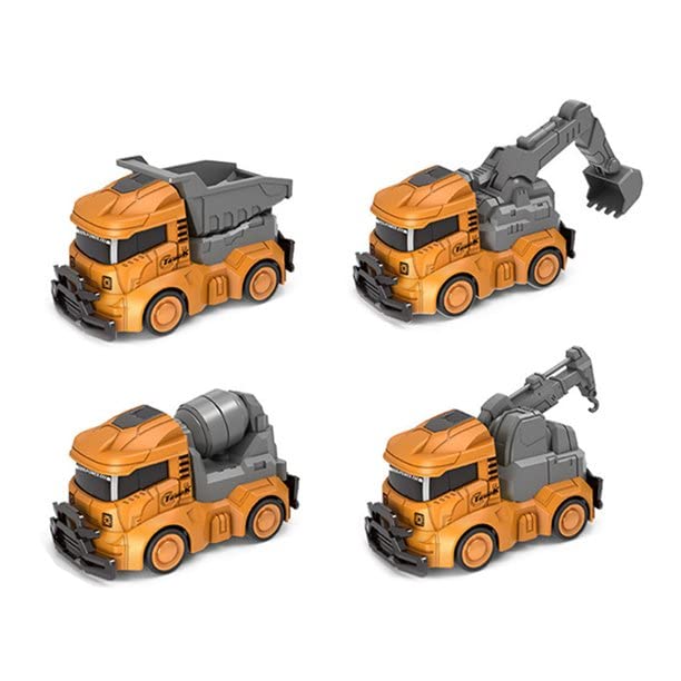 IndusBay® Pack of 4, Inertia Friction Powered Drive Crash Resistant Mini Simulated Construcion Truck Dumper Mixer Excavator craine Rescue Model Toy for Child, 3 inches Each, Yellow