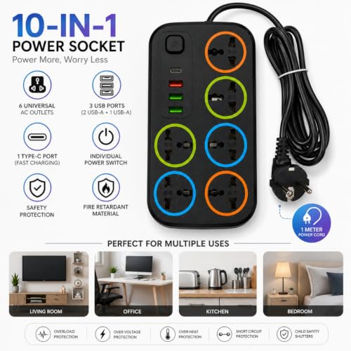 Image of Extension Board 10Amp Output 250 Volts 1 Mtr Extension Cord | 6 Universal Sockets, 3 USB & Type-C Port | Master Switch, Safety Shutter | Multi Plug Travel Adapter for Home Appliances