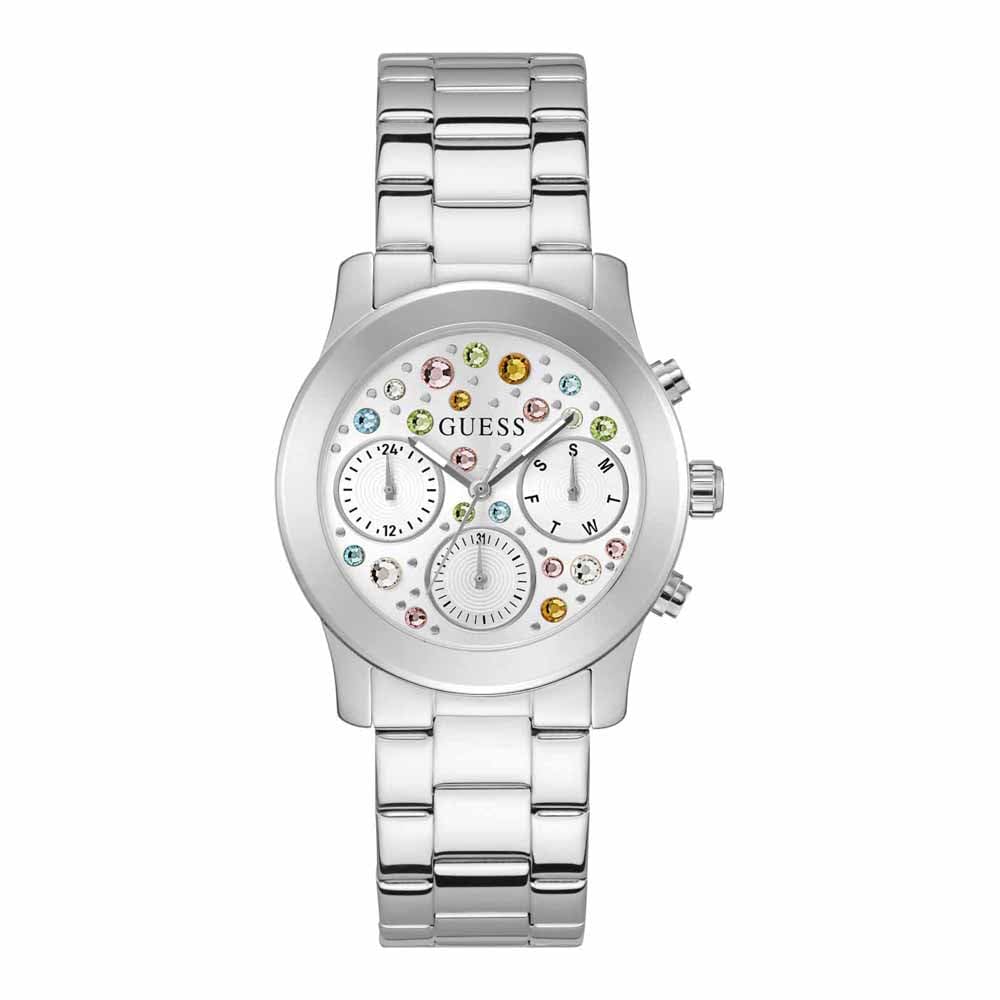 Silver-Tone Colored Crystal Multifunction Watch